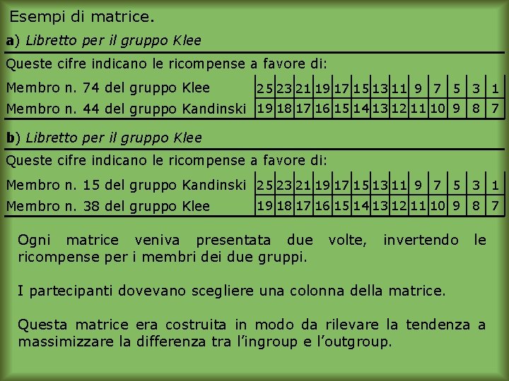 Esempi di matrice. a) Libretto per il gruppo Klee Queste cifre indicano le ricompense