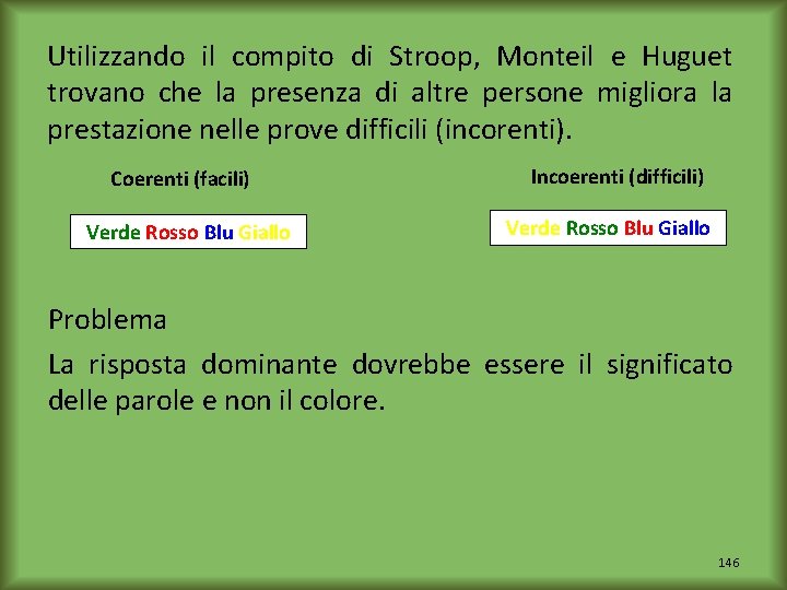 Utilizzando il compito di Stroop, Monteil e Huguet trovano che la presenza di altre