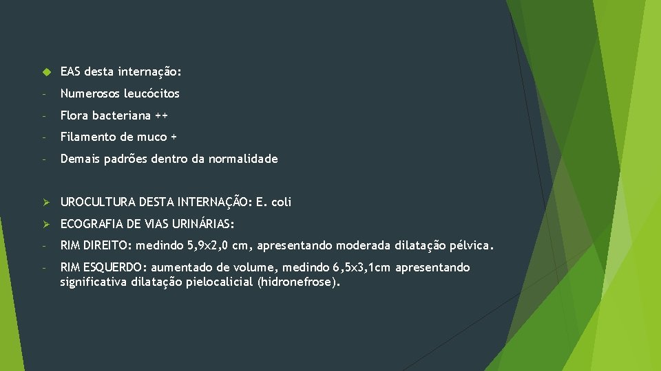  EAS desta internação: - Numerosos leucócitos - Flora bacteriana ++ - Filamento de