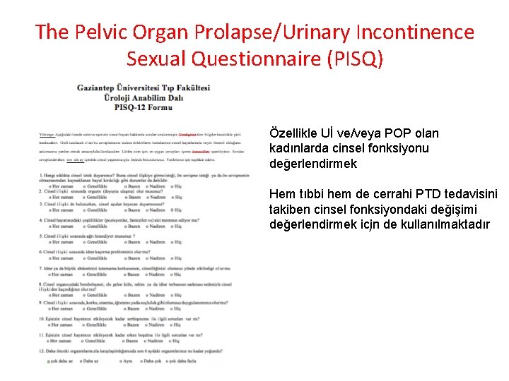The Pelvic Organ Prolapse/Urinary Incontinence Sexual Questionnaire (PISQ) Özellikle U İ ve/veya POP olan