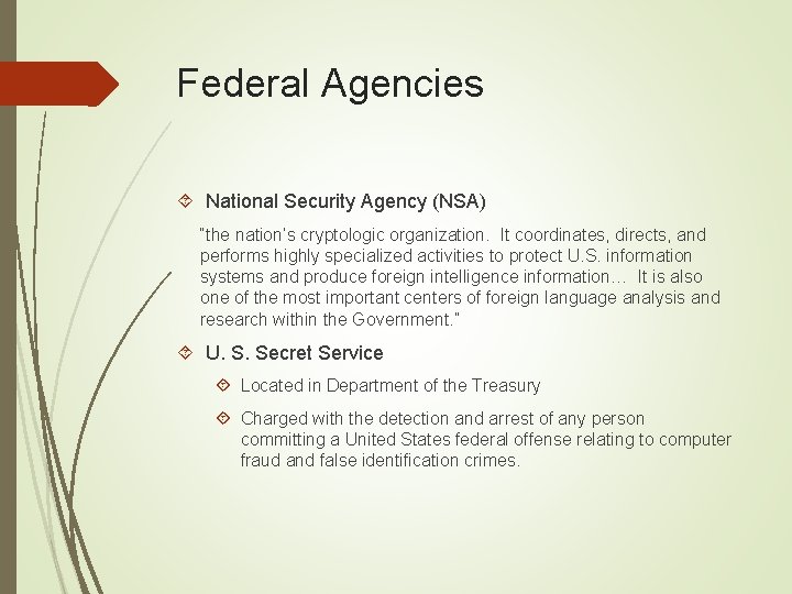 Federal Agencies National Security Agency (NSA) “the nation’s cryptologic organization. It coordinates, directs, and