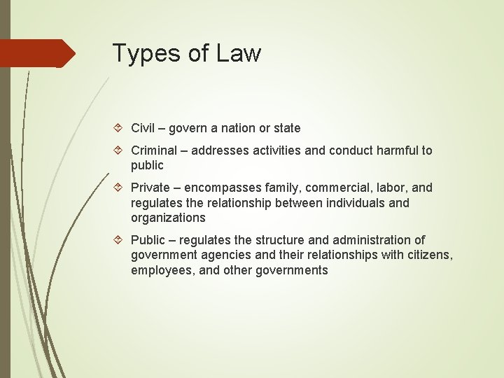 Types of Law Civil – govern a nation or state Criminal – addresses activities