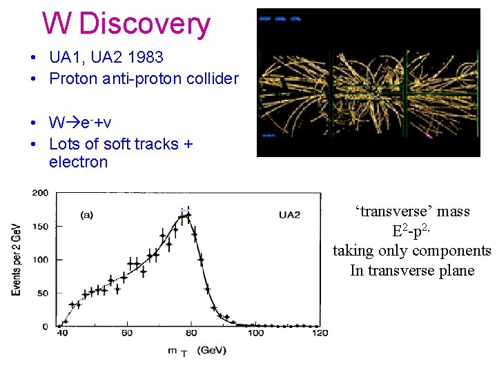 W Discovery • UA 1, UA 2 1983 • Proton anti-proton collider • W