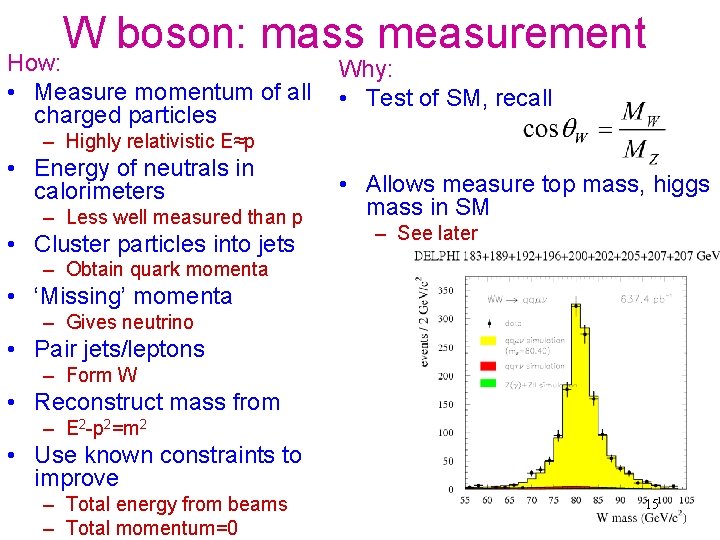 W boson: mass measurement How: • Measure momentum of all charged particles Why: •