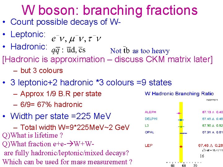 W boson: branching fractions • Count possible decays of W • Leptonic: • Hadronic: