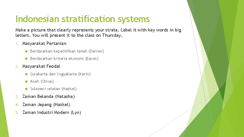 Indonesian stratification systems Make a picture that clearly represents your strata. Label it with