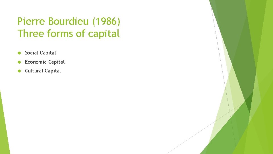 Pierre Bourdieu (1986) Three forms of capital Social Capital Economic Capital Cultural Capital 