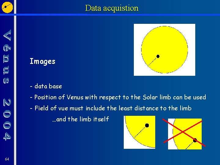 Data acquistion Images - data base - Position of Venus with respect to the