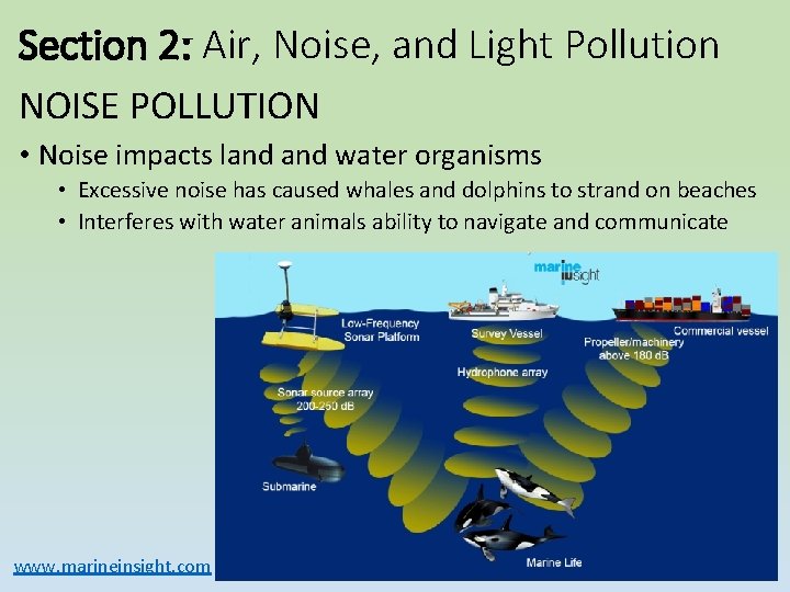 Section 2: Air, Noise, and Light Pollution NOISE POLLUTION • Noise impacts land water Section 2: Air, Noise, and Light Pollution NOISE POLLUTION • Noise impacts land water