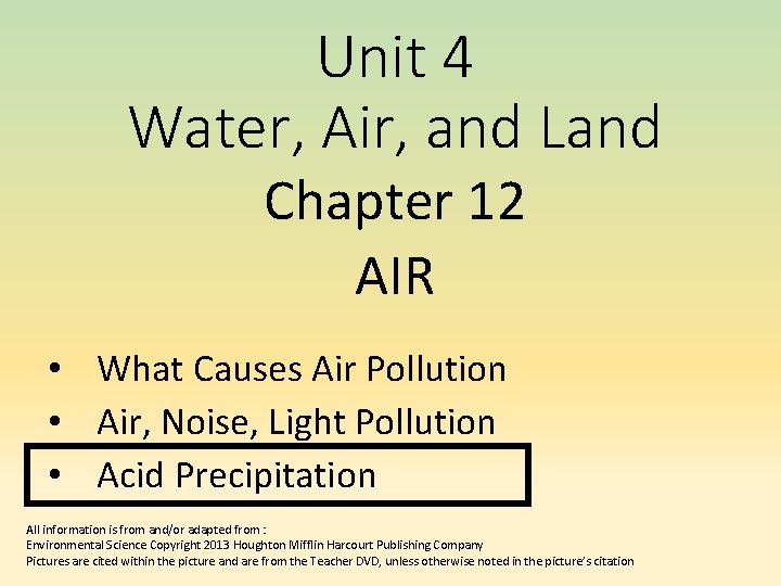 Unit 4 Water, Air, and Land Chapter 12 AIR • What Causes Air Pollution Unit 4 Water, Air, and Land Chapter 12 AIR • What Causes Air Pollution