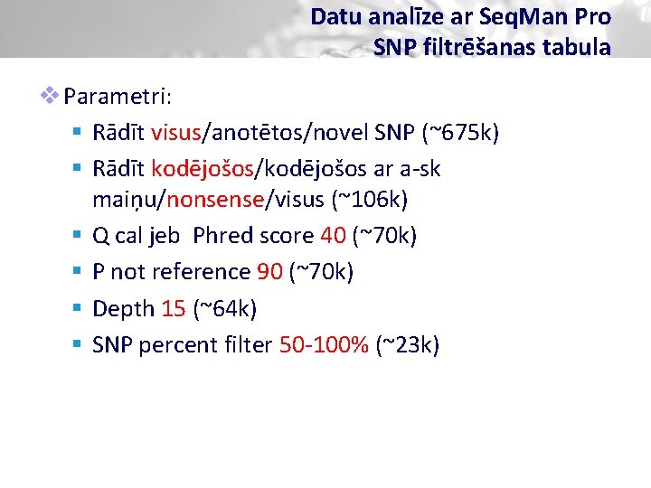 Datu analīze ar Seq. Man Pro SNP filtrēšanas tabula v Parametri: § Rādīt visus/anotētos/novel