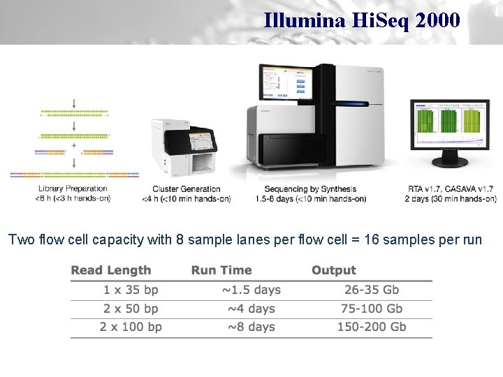 Illumina Hi. Seq 2000 Two flow cell capacity with 8 sample lanes per flow