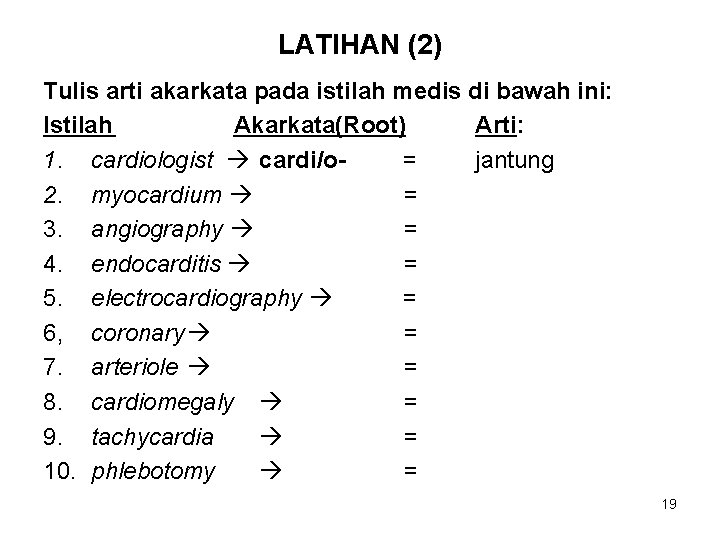 LATIHAN (2) Tulis arti akarkata pada istilah medis di bawah ini: Istilah Akarkata(Root) Arti: