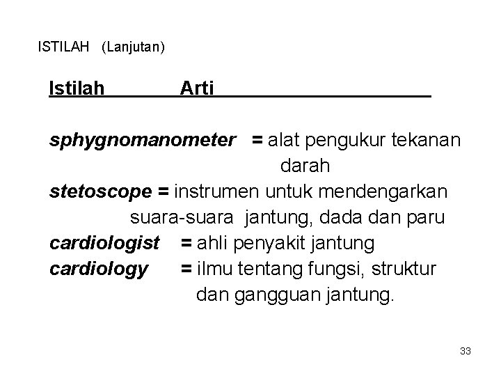 ISTILAH (Lanjutan) Istilah Arti sphygnomanometer = alat pengukur tekanan darah stetoscope = instrumen untuk