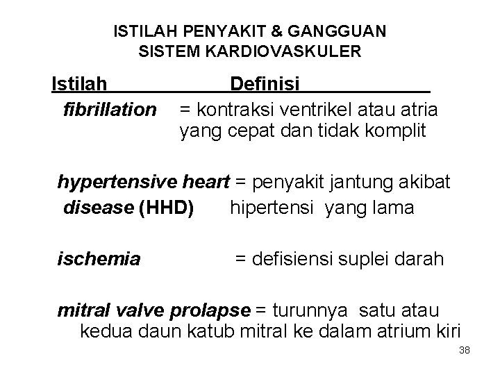 ISTILAH PENYAKIT & GANGGUAN SISTEM KARDIOVASKULER Istilah fibrillation Definisi = kontraksi ventrikel atau atria