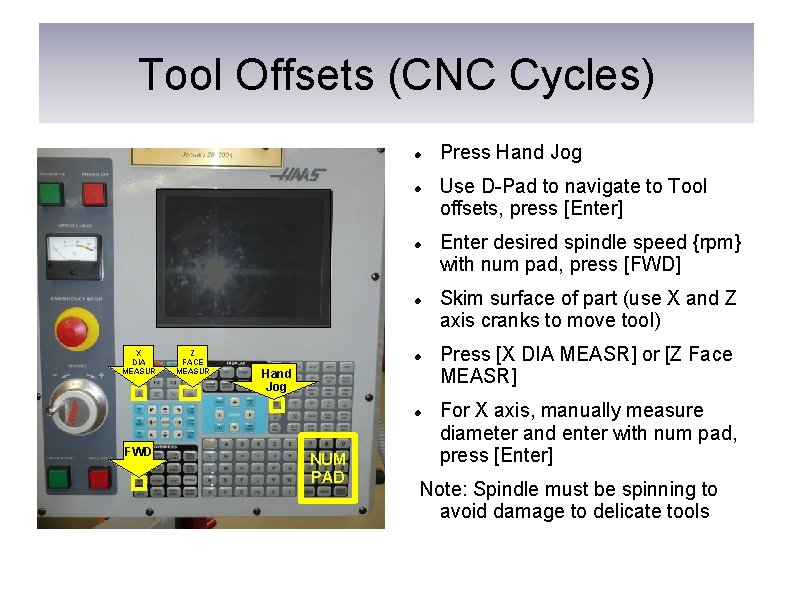 Tool Offsets (CNC Cycles) X DIA MEASUR Z FACE MEASUR Hand Jog FWD NUM
