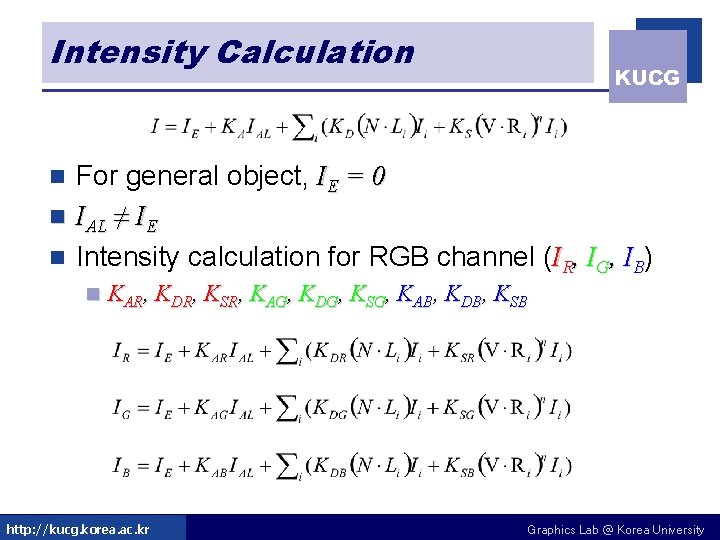 Intensity Calculation KUCG For general object, IE = 0 n IAL ≠ IE n