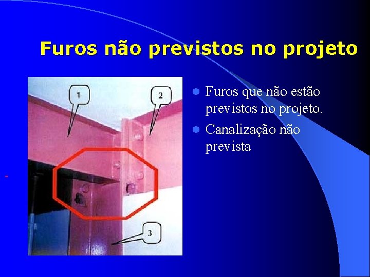 Furos não previstos no projeto Furos que não estão previstos no projeto. l Canalização