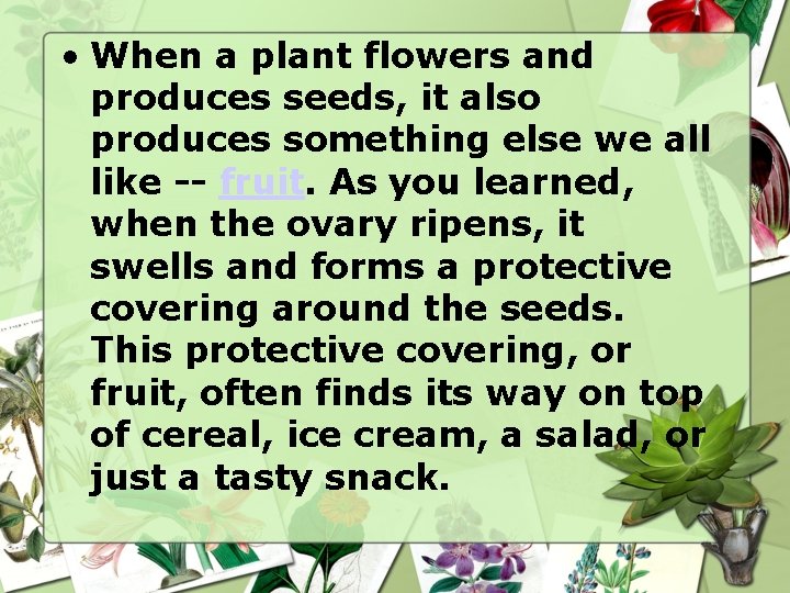  • When a plant flowers and produces seeds, it also produces something else
