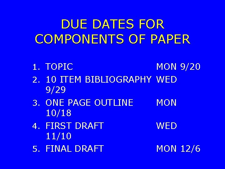 DUE DATES FOR COMPONENTS OF PAPER 1. TOPIC 2. 3. 4. 5. MON 9/20
