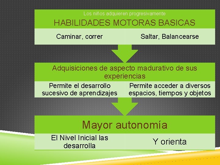 Los niños adquieren progresivamente HABILIDADES MOTORAS BASICAS Caminar, correr Saltar, Balancearse Adquisiciones de aspecto