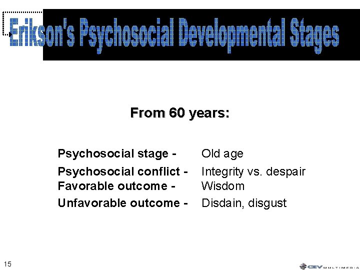 From 60 years: Psychosocial stage Psychosocial conflict Favorable outcome Unfavorable outcome - 15 Old From 60 years: Psychosocial stage Psychosocial conflict Favorable outcome Unfavorable outcome - 15 Old