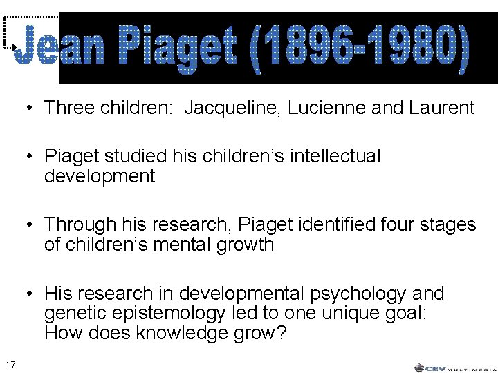 • Three children: Jacqueline, Lucienne and Laurent • Piaget studied his children’s intellectual • Three children: Jacqueline, Lucienne and Laurent • Piaget studied his children’s intellectual