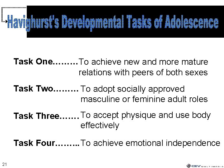 Task One………To achieve new and more mature relations with peers of both sexes Task Task One………To achieve new and more mature relations with peers of both sexes Task