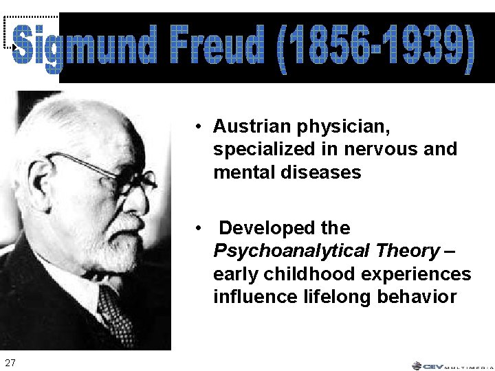 • Austrian physician, specialized in nervous and mental diseases • Developed the Psychoanalytical • Austrian physician, specialized in nervous and mental diseases • Developed the Psychoanalytical