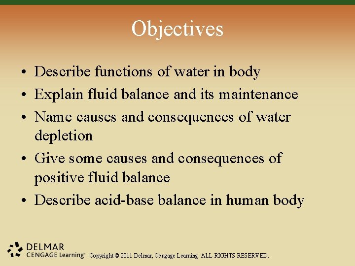 Objectives • Describe functions of water in body • Explain fluid balance and its