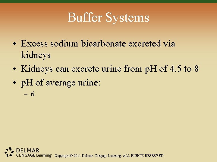 Buffer Systems • Excess sodium bicarbonate excreted via kidneys • Kidneys can excrete urine