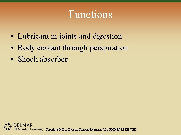 Functions • Lubricant in joints and digestion • Body coolant through perspiration • Shock