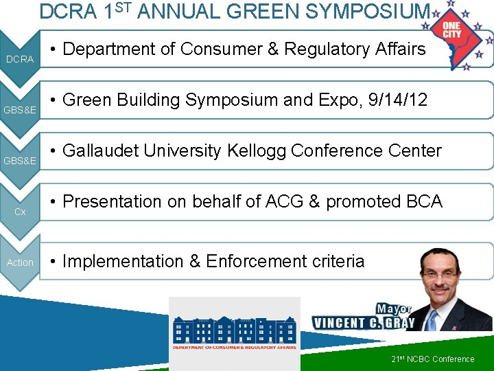 DCRA 1 ST ANNUAL GREEN SYMPOSIUM DCRA GBS&E Cx Action • Department of Consumer DCRA 1 ST ANNUAL GREEN SYMPOSIUM DCRA GBS&E Cx Action • Department of Consumer