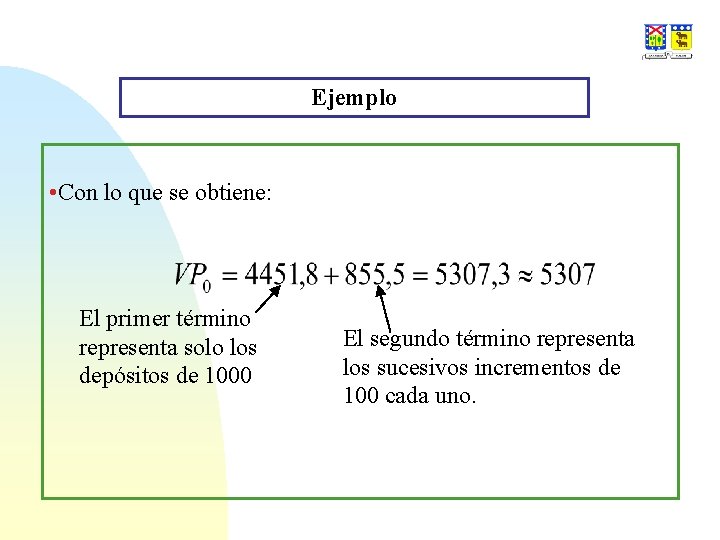 Ejemplo • Con lo que se obtiene: El primer término representa solo los depósitos