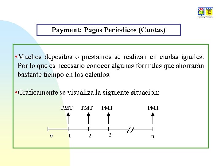 Payment: Pagos Periódicos (Cuotas) • Muchos depósitos o préstamos se realizan en cuotas iguales.