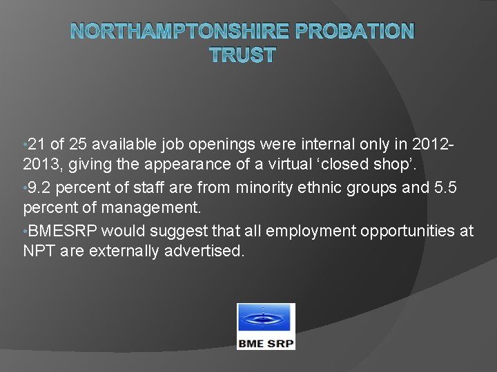 NORTHAMPTONSHIRE PROBATION TRUST • 21 of 25 available job openings were internal only in