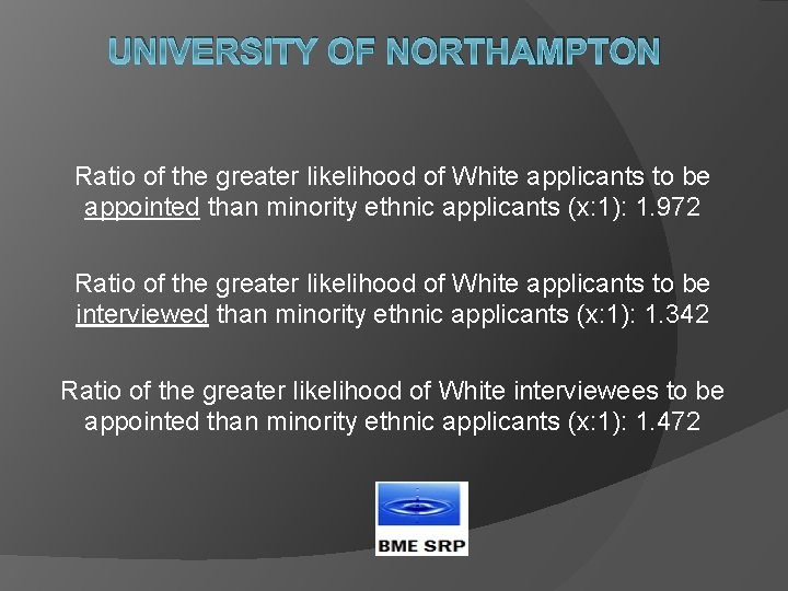 UNIVERSITY OF NORTHAMPTON Ratio of the greater likelihood of White applicants to be appointed