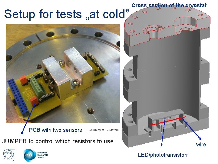 Setup for tests „at cold” PCB with two sensors Cross section of the cryostat