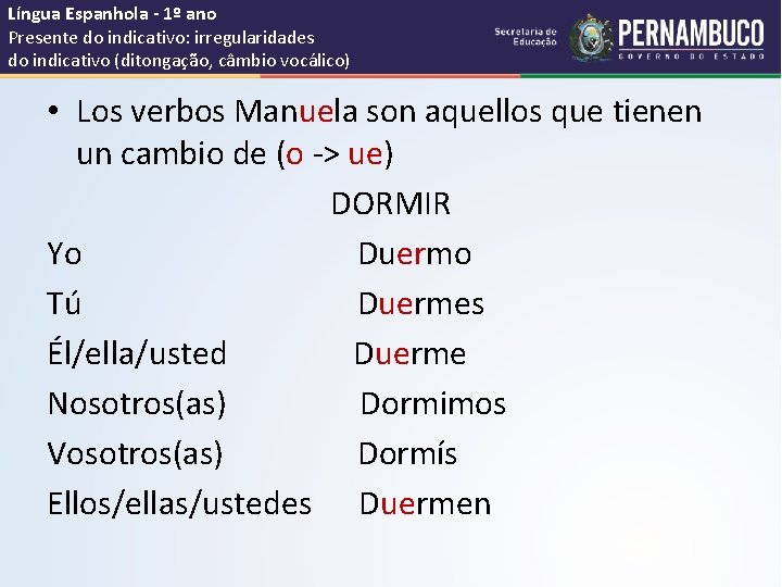 Língua Espanhola - 1º ano Presente do indicativo: irregularidades do indicativo (ditongação, câmbio vocálico)