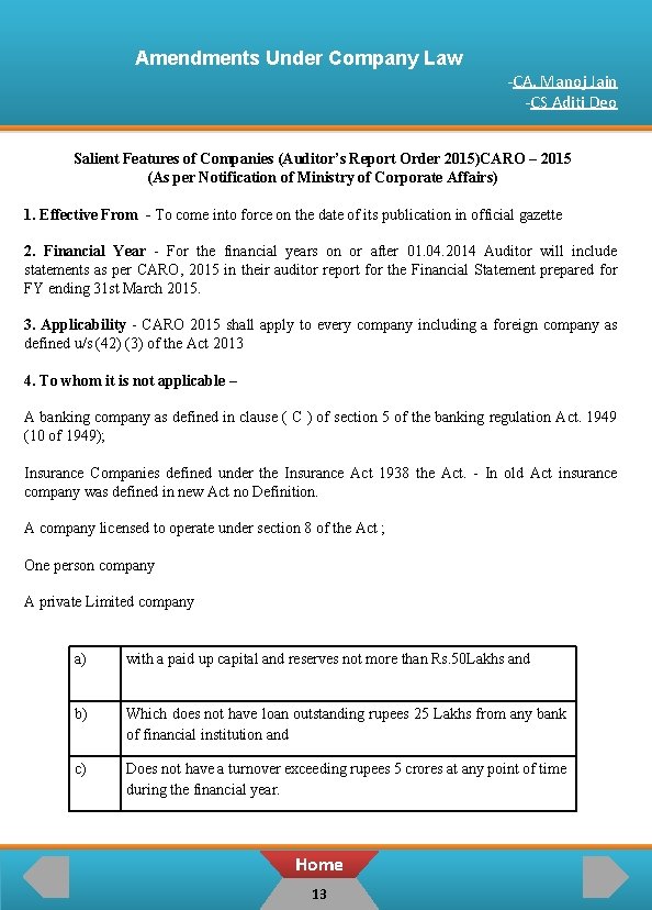 Amendments Under Company Law -CA. Manoj Jain -CS Aditi Deo Salient Features of Companies