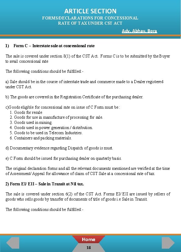  ARTICLE SECTION FORMS/DECLARATIONS FOR CONCESSIONAL RATE OF TAX UNDER CST ACT Adv. Abhay.