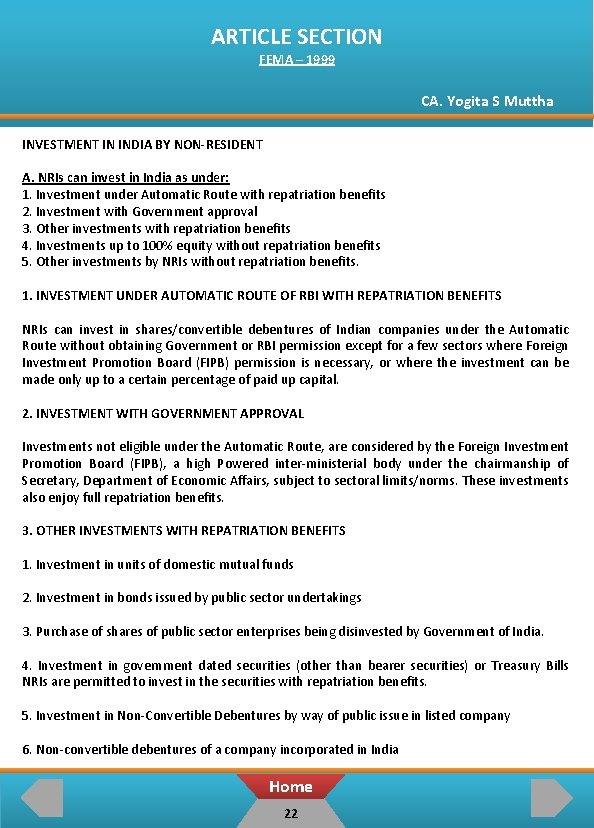 ARTICLE SECTION FEMA – 1999 CA. Yogita S Muttha INVESTMENT IN INDIA BY NON-RESIDENT