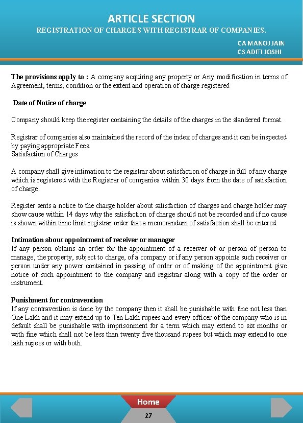 ARTICLE SECTION REGISTRATION OF CHARGES WITH REGISTRAR OF COMPANIES. CA MANOJ JAIN CS ADITI