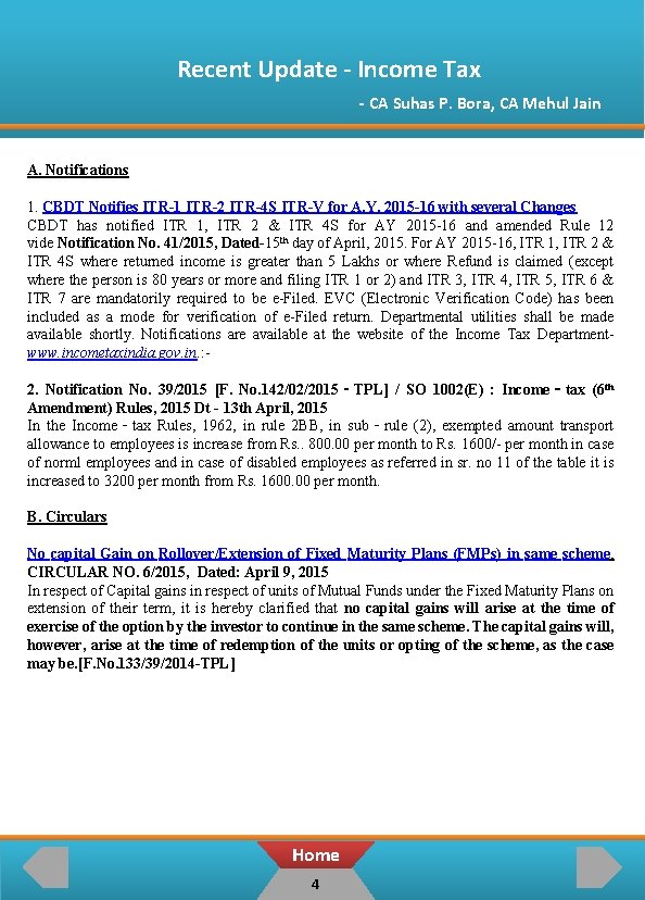 Recent Update - Income Tax - CA Suhas P. Bora, CA Mehul Jain A.