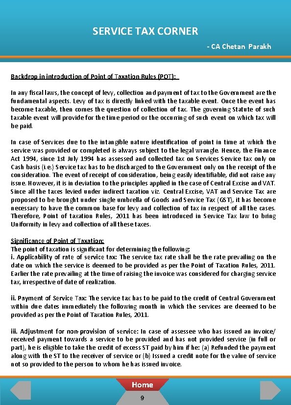 SERVICE TAX CORNER - CA Chetan Parakh Backdrop in introduction of Point of Taxation