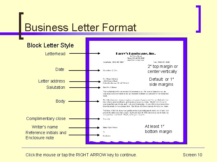 Business Letter Format Block Letter Style Letterhead Date Letter address Salutation 2" top margin