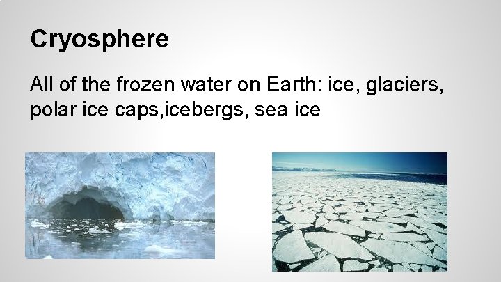 Cryosphere All of the frozen water on Earth: ice, glaciers, polar ice caps, icebergs,