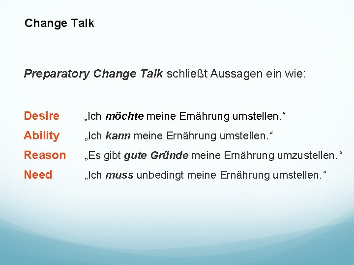 Change Talk Preparatory Change Talk schließt Aussagen ein wie: Desire „Ich möchte meine Ernährung