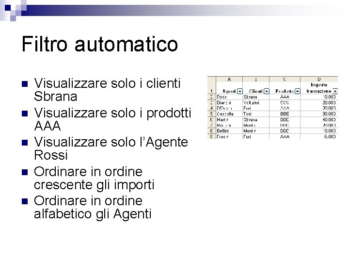 Filtro automatico n n n Visualizzare solo i clienti Sbrana Visualizzare solo i prodotti