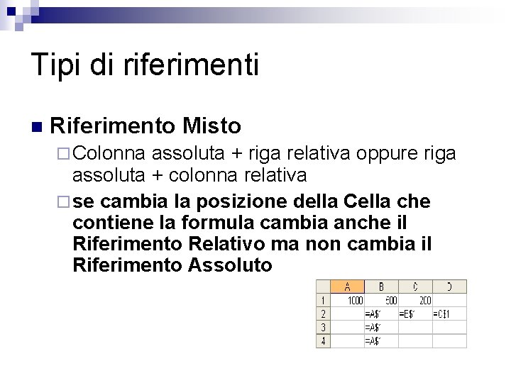 Tipi di riferimenti n Riferimento Misto ¨ Colonna assoluta + riga relativa oppure riga